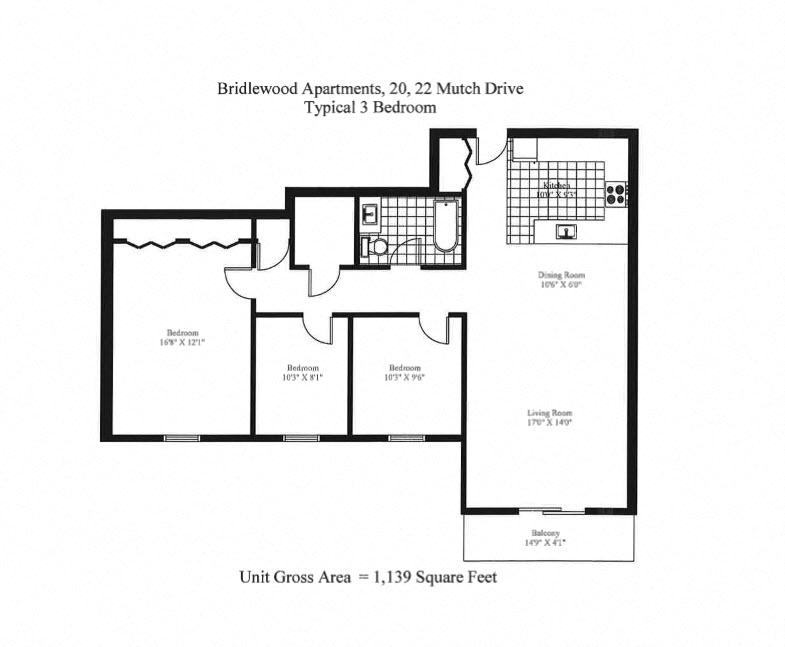 Floor plan for 3 beds, 1 bath
